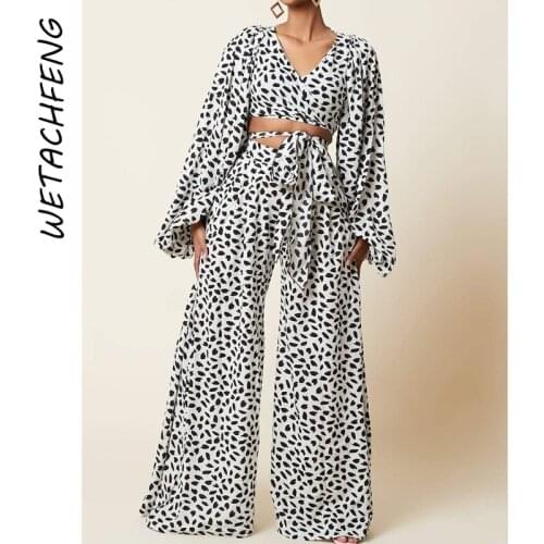 Fashion Top And Wide Leg Pant 2 Piece Sets White Leopard Summer Sexy V Neck Lanter Long Sleeve Oversized Outfits Women Clothing