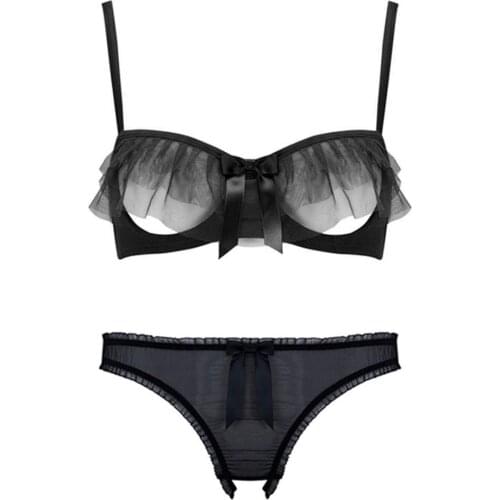 Sexy lace womens lingerie set see-through ruffled ladies underwear with panties bra + briefs 2 pieces