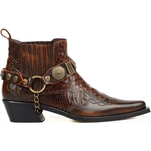 FootCourt- Brown Western Ankle Boots Women Genuine Leather Cowgirl Boots Vintage Snake Printed Leather Bohemian Dress New Season
