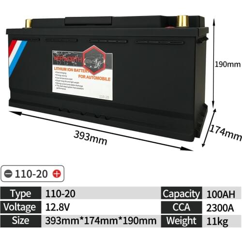 KP110-20 12V 110Ah Car LiFePo4 Battery CCA 2300A Lithium iron Battery With BMS 100% Capacity 2000 Times Life Replace Lead acid