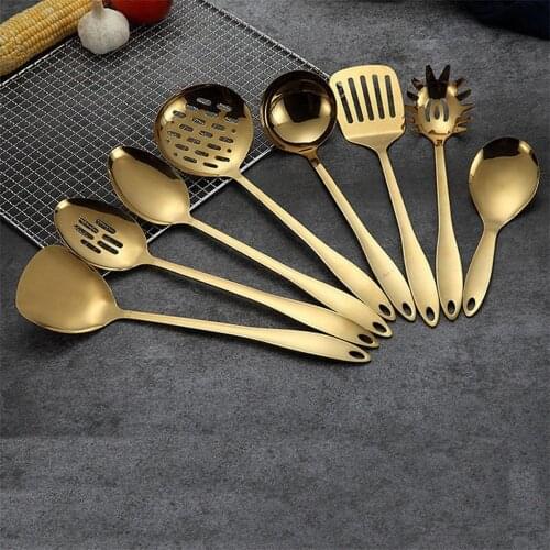 Kitchen Stainless Steel Cooking Tool Gold Long Handle Scoop Spatula Tube Soup Ladle Utensils Pasta Colander Egg Beaters Shovel