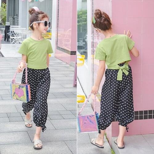 Girls Summer Clothes Sets 2021 New Children Clothing Cotton T-shirt Polka Dot Bloomers 2Pcs Set Teen Girls Clothing 12 14 Years