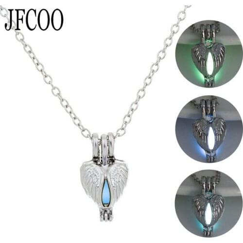 New Angel Wings Heart Pendant Necklace Vintage Silver Color Chain Glow in the Dark Night Colorful Luminous Jewelry Dropshipping