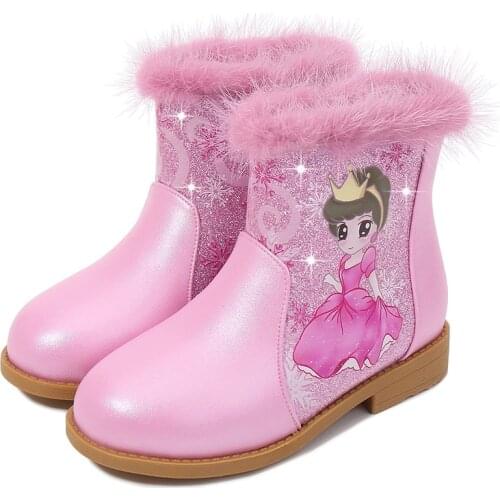 Girls Princess Shoes Children Cartoon Boots PU Leather Sequin Winter Boots New Girls Genuine Wool Warming Over Knee Boots