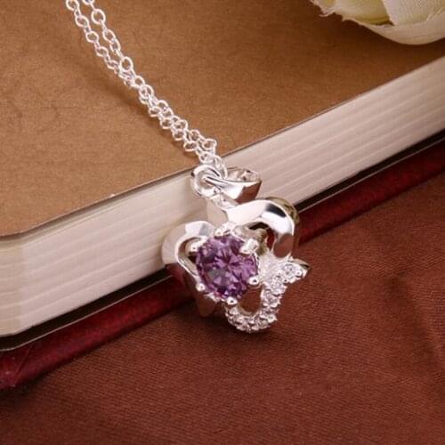 Necklaces Silver Plated Necklace Silver 18 Inches Chain Pendant Necklaces Purple Crystal Jewelry Free Shipping dwas LN517