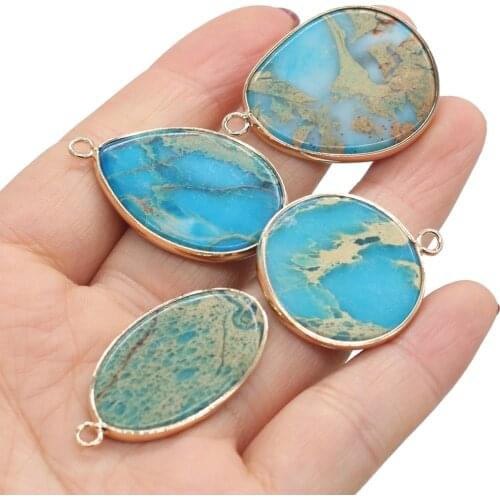 Natural Gems Pendant Disc Shape Blue Ocean Stone Golden Plated Pendant DIY Fashion Jewelry Making Earrign Necklace for Women