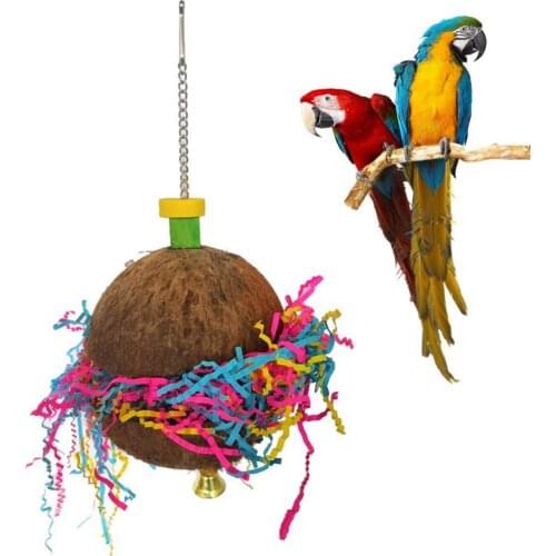 Parrot Coconut Shell Bird Swing Bell Pull Ribbon Hanging Toy Parakeet Cage Decor Gray Bird Hanging Pendant Decoration With Ribbo