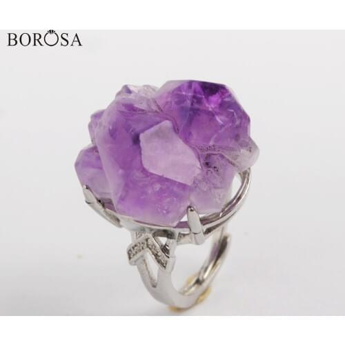 BOROSA 10Pcs Silver Plated Freefrom Natural Amethysts Faceted Ring Natural Quartz Ring Jewelry Factory Outlet ZG0433