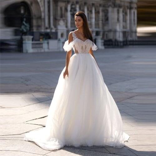 Sheer Tulle A-Line Wedding Dress Bridal Gowns New Designer Lace Appliques Tulle Zipper Back Bridal Gowns Simple Custom