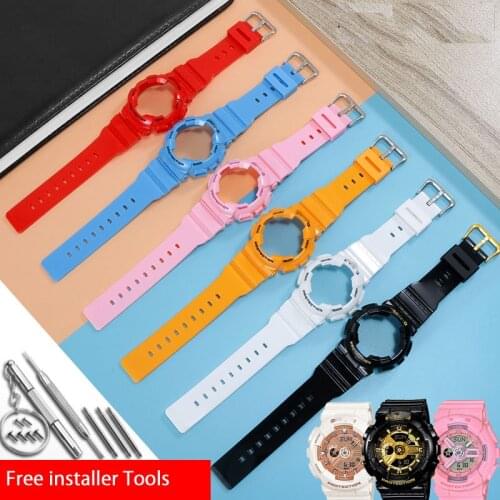 Watch Strap + Case Set for Casio Baby g Women BA-110 111 112 120 130 Girly Shiny Bright Case Rubber Strap Watchband Replacement