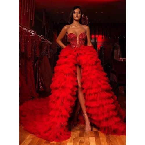 Luxurious Red Tiered Tulle Evening Dress Beaded Crystals Ball Gown Prom Dresses Sweetheart 2020 Formal Gowns Vestidos de gala