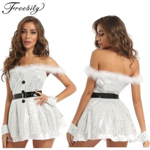 Christmas Dress Women Dance Wear Sleeveless Shinning Dress Suit Clothes With Furry Shoulder Straps Xmas Party Cosplay Costumes