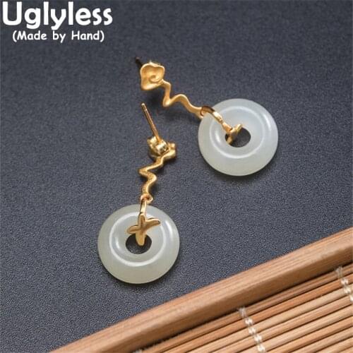 Uglyless China Chic Lucky Clouds Gold Earrings for Women Real 925 Silver Brincos Peace Buttons Nature Jade Earrings Ethnic Jewel