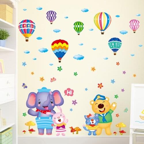 [SHIJUEHEZI] Cartoon Animals Wall Stickers DIY Hot Air Balloons Wall Decals for Kids Rooms Baby Bedroom Glass Door Decoration