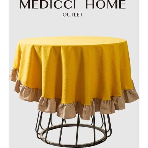 Medicci Home American Style Ruffle Trim Tablecloth Retro Yellow Washable Cotton Linen Table Cover For Kitchen Farmhouse Rustic