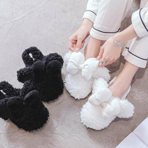 Cartoon Mouse Ears Bowknot Winter Keep Warm Women Slippers Ladies Cute Soft Plush Furry Home Non Slip Shoes Bedroom Flat Slides