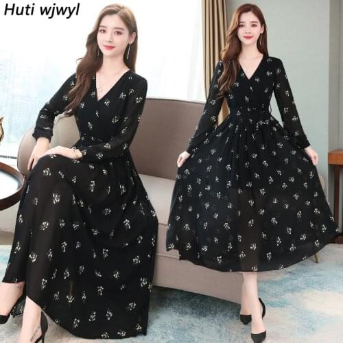 2021 Vintage Black Floral Chiffon Midi Dress Autumn Winter Plus Size Long Sleeve Maxi Dress Elegant Women Bodycon Party Vestidos