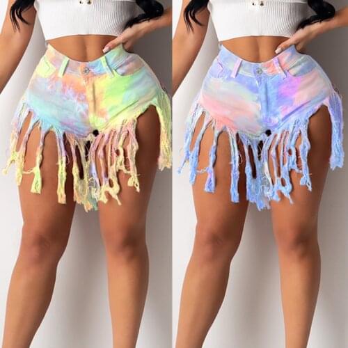 Tie Dye Print Women Ripped Tassel Jeans Female Casual Denim Shorts