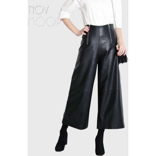 Novmoop loose style women spring black high waist sheepskin genuine leather wide leg pants with zipper decor pantalones LT3065