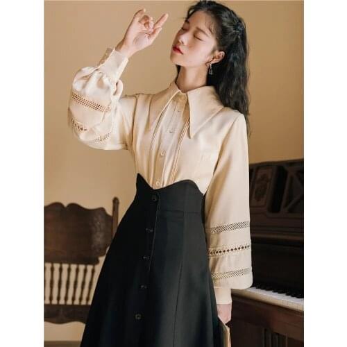 Autumn French Temperament Suit Female Hollow Lantern Sleeves Shirt +High Waist Split Fork Black Long Skirt 2021 Vintage 2pcs Set