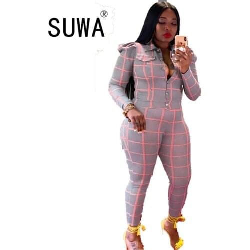 Wholesale office ladies plaid print long sleeve shirt blouse + high waist skinny pants trousers work women clothing sets 2 piece