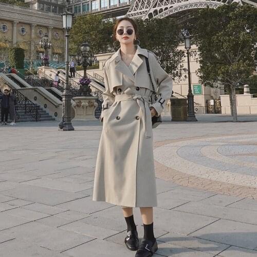 Womens Windbreaker2021Spring Autumn New Loose Fine Grid Retro Fashion Lapel Double -Breasted Solid Color High-End Long Coat7M