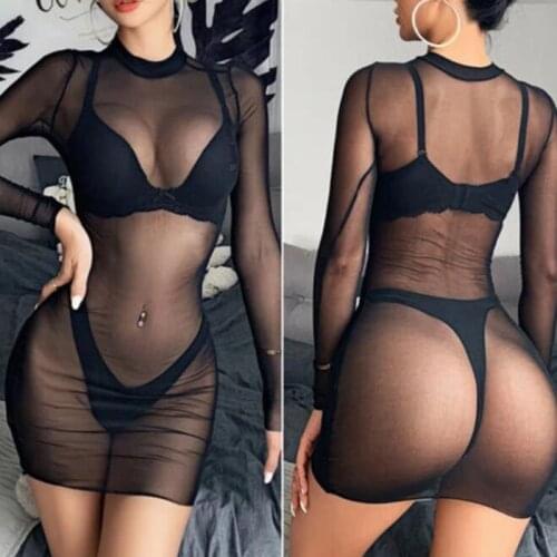 Plus Size Womens Intimates Sexy Lingerie Temptation Sheer Mesh See-Through Long Sleeve Casual Clubwear Mini Dress Nightgowns