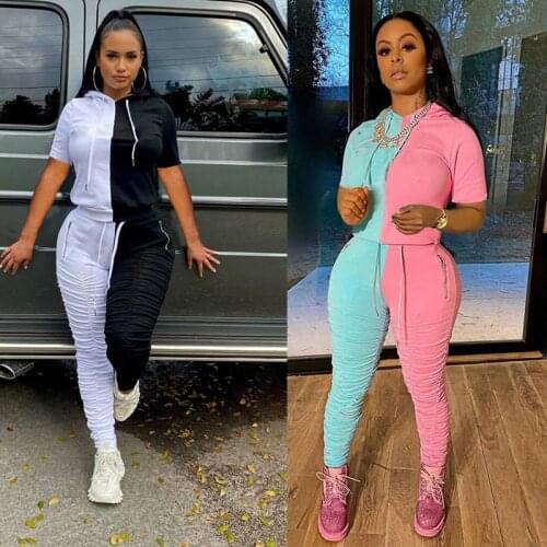 ZKYZWX Two Piece Set Women Summer Tracksuit Crop Top and Stacked Pants Sweat Suits Lounge Splice 2 Piece Outfits Matching Sets