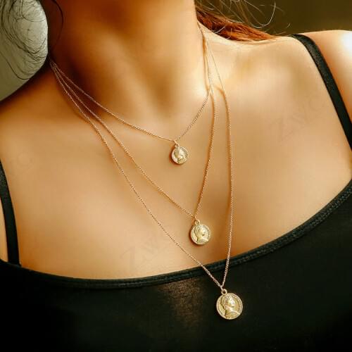 ZWC Fashion Bohemian Vintage Multilayer Crystal Pendant Necklace For Women Golden Crescent Chains Necklace Wholesale Jewelry New