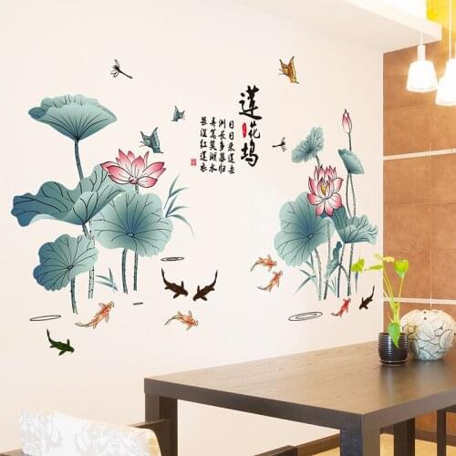 3D Lotus Flowers Wall Stickers Home Decor Living Room Backdrop Wall Decor Chinese Art Teenager Room Decoration Aesthetic Mural