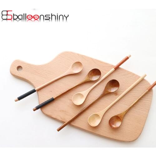 BalleenShiny 1PC Wooden Spoon Wrapped Wire Ellipse Mouth Long Handle Lovely Eco-friendly Tableware Coffee Honey Soup Scoop