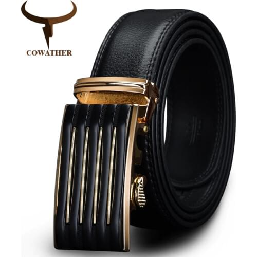 COWATHER Leather belts Automatic Buckle Cowhide Leather men belt Fashion Luxury male Straps Black Straps Alloy Buckle CZ030