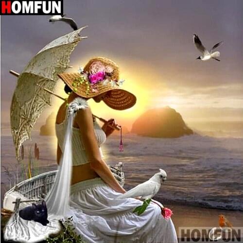 HOMFUN Full Square/Round Drill 5D DIY Diamond Painting "Straw Hat Woman Seabird" 3D Embroidery Cross Stitch 5D Decor Gift A13981