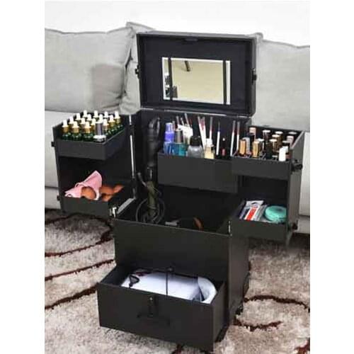 PU Cosmetic Case Large Capacity Rolling Wheels Folding Travel Tool Suitcase Makeup Case On Beauty Nail Tattoo Manicure Trolley