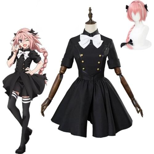 Fate Epilogue Event Astolfo Cosplay Costume FGO Wig Shoes Adult Girls Black Uniform Dress Skirt Stockings Pink Hair Hairwear