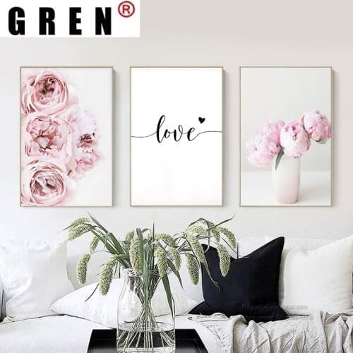 GREN Modular Canva Painting Nordic Pink Peony Flower Poster And Print Love Wall Art Floral Picture Bedroom Home Decor Minimalist