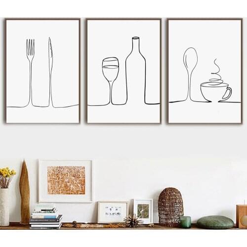Modular Pictures Nordic Style Printed Poster Line Coffee Red Wine Knife And Fork Wall Art Canvas Painting For Kitchen Home Decor