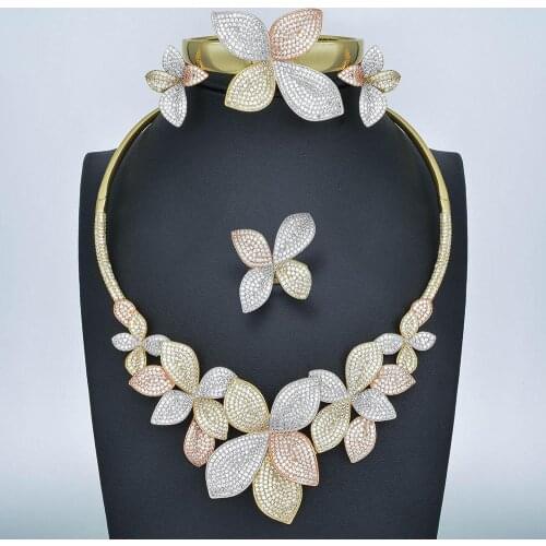 Newness High Quality Luxury Leaves Gold Color Copper Necklace Bangle Earring Ring For Dubai Women Wedding Engagement Jewelry