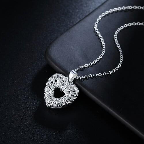 925 Sterling Silver Necklace For Women 18 inch crystal Elegant Hollow heart Pendant party wedding fashion Jewelry Christmas Gift