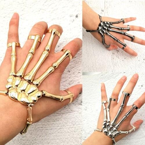 Punk Gothic Skull Bracelet Hand Bone Bangles Flexible Metal Bracelets for Women Men Nightclub Party Hip Hop Halloween Jewelry