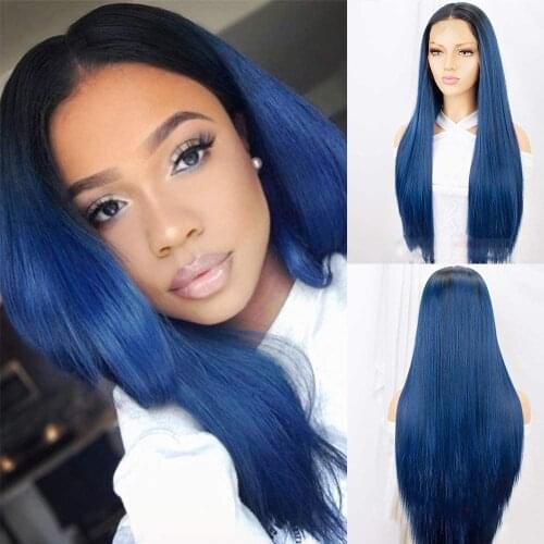 Pastel Blue Lace Front Wigs for Women Dark Roots Long Natural Straight Synthetic Wig with Baby Hair Glueless Heat Resistant Wig