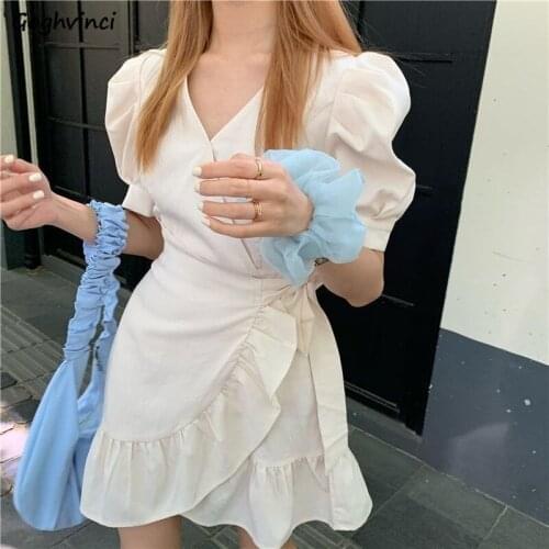 Dresses Women Ruffles Chic Female Pure Color Tender Girlish Basic Mini Stylish Ulzzang Streetwear Simple Cozy Soft Summer Mujer