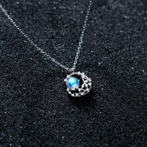 Authentic 925 Sterling Silver FINE Jewelry Hollow Blue Moon cz Necklace Pendant C-D6590