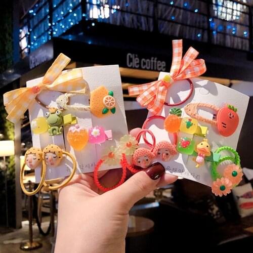 5/8 Pcs Children Cute Cartoon Flower Fruit Ornament Hair Clips Baby Girls Lovely Rubber Bands Hairpinds Kids Hair Accessories