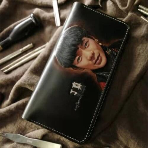 Handmade Wallets Carving Cool Dude Purses Men Long Clutch Vegetable Tanned Leather Wallet Card Holder
