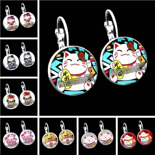 Lovely Cat Glass Cabochon Stud Earrings Fashion Jewelry Trendy Lucky Cat Women Charms French Earring