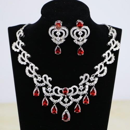 Water Drop Red Cubic Zirconia White CZ Silver 925 Jewelry Set For Women Wedding Earrings Necklace/Earrings 2PCS