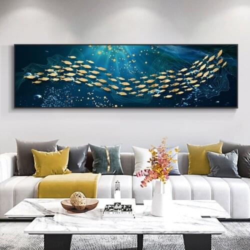 Modern Blue Sea Golden Fish Wall Art Paintings Printed on Canvas Decorative Posters Pictures for Living Room Home Decoration