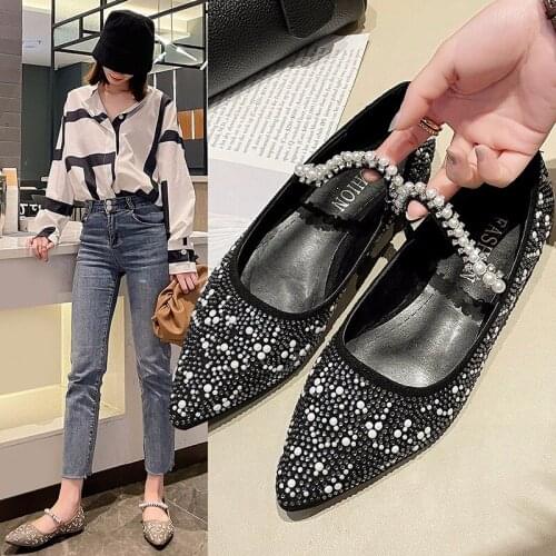 Fashion Pointed Toe All-Match Shallow Mouth Flat Shoes Spring And Summer New Exquisite Pearl Rhinestone Ladies Single Shoes