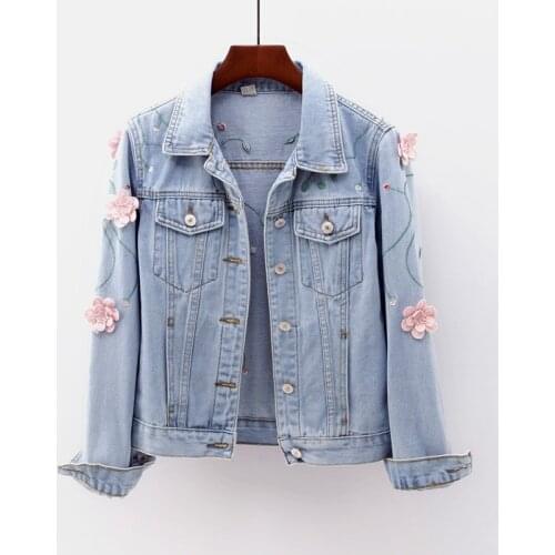 Spring Autumn Student Cardigan Dimensional Embroidery Denim Jacket Womens Long Sleeve Lapel Slim Embroider Short Tops Coat